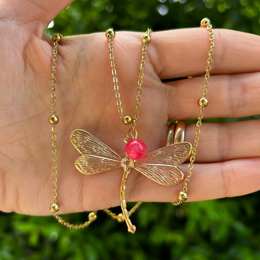 Dragonfly and stone necklace