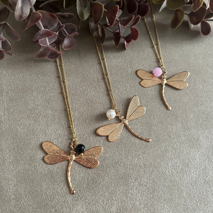 Dragonfly and stone necklace