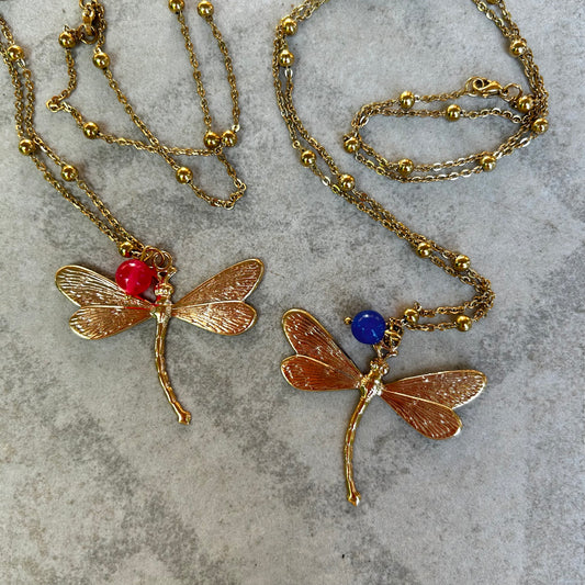 Dragonfly and stone necklace